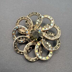 Vintage Floral Interlocking Circle Floral Starburst Brooch Black Crystals Retro